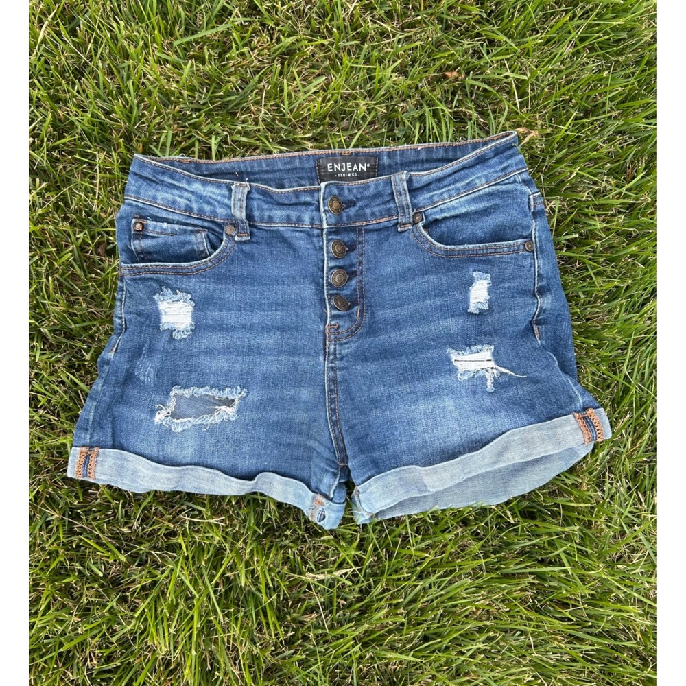 ENJEAN Denim Co. Medium Wash Distressed Cuffed Button Fly‎ Jean Shorts